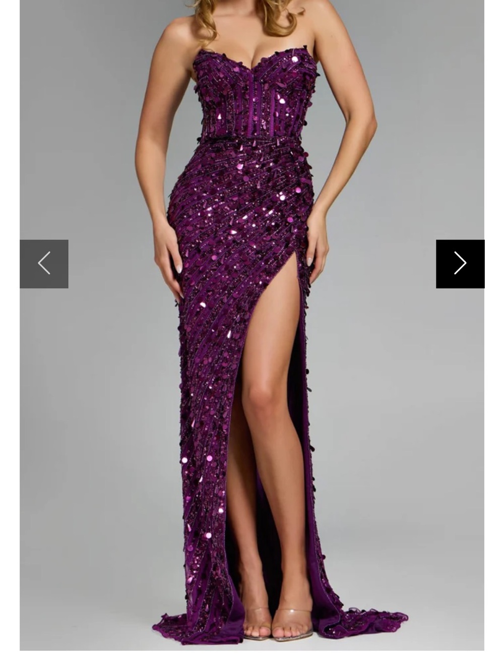 Jovani Strapless Purple Sequin Gown with High Slit